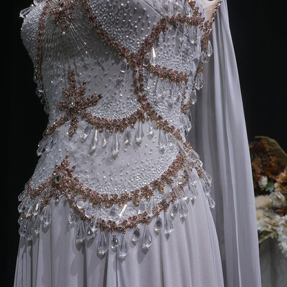 Blush Pink Silver Gold Cape Sleeve Evening Gown — Crystal Beaded Blush Pink — Riviera Couture GCC Luxury Evening Gown