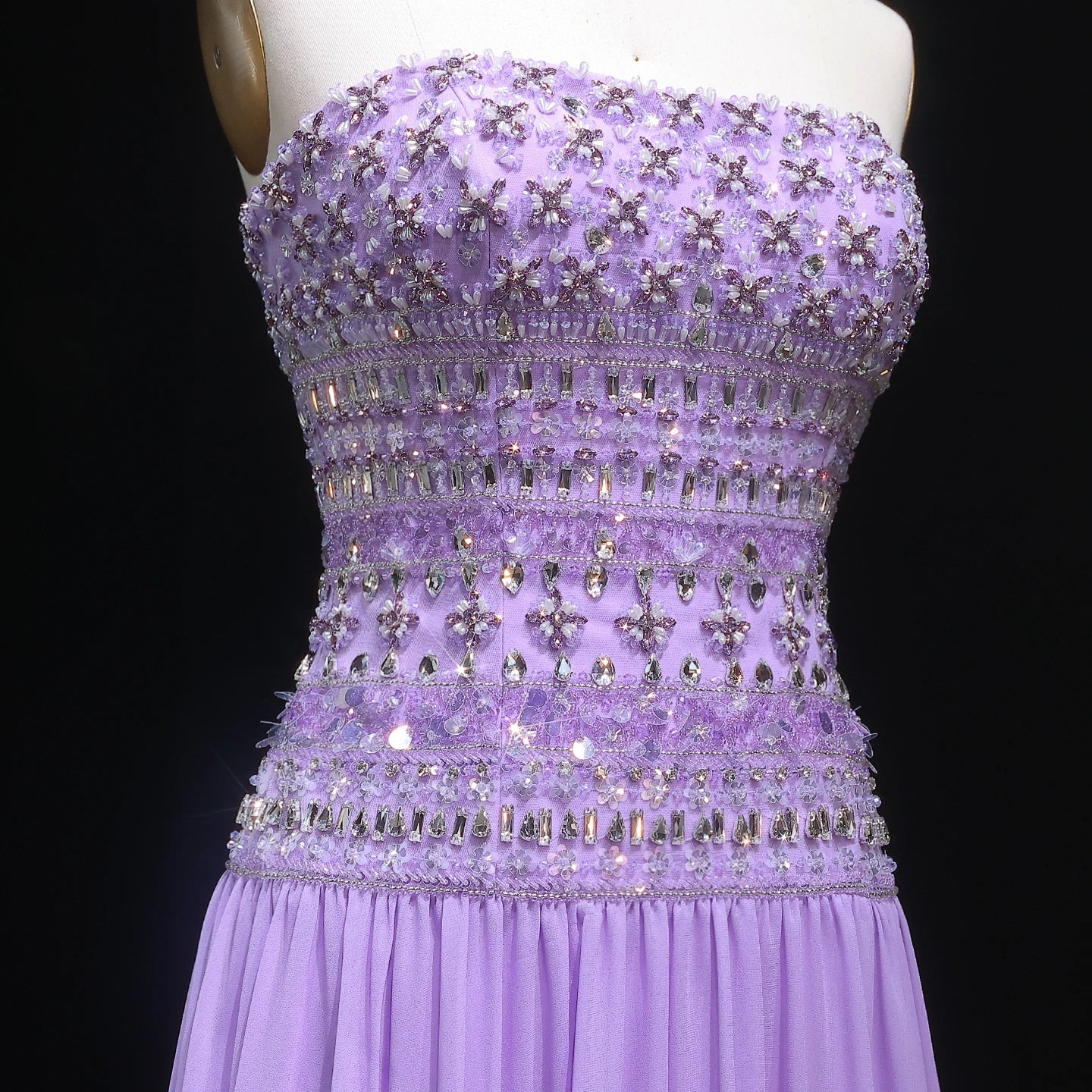 Lilac Long Sleeves Lilac Beaded Strapless Evening Gown with Flowing Chiffon Skirt — Riviera Couture GCC Luxury Evening Gown