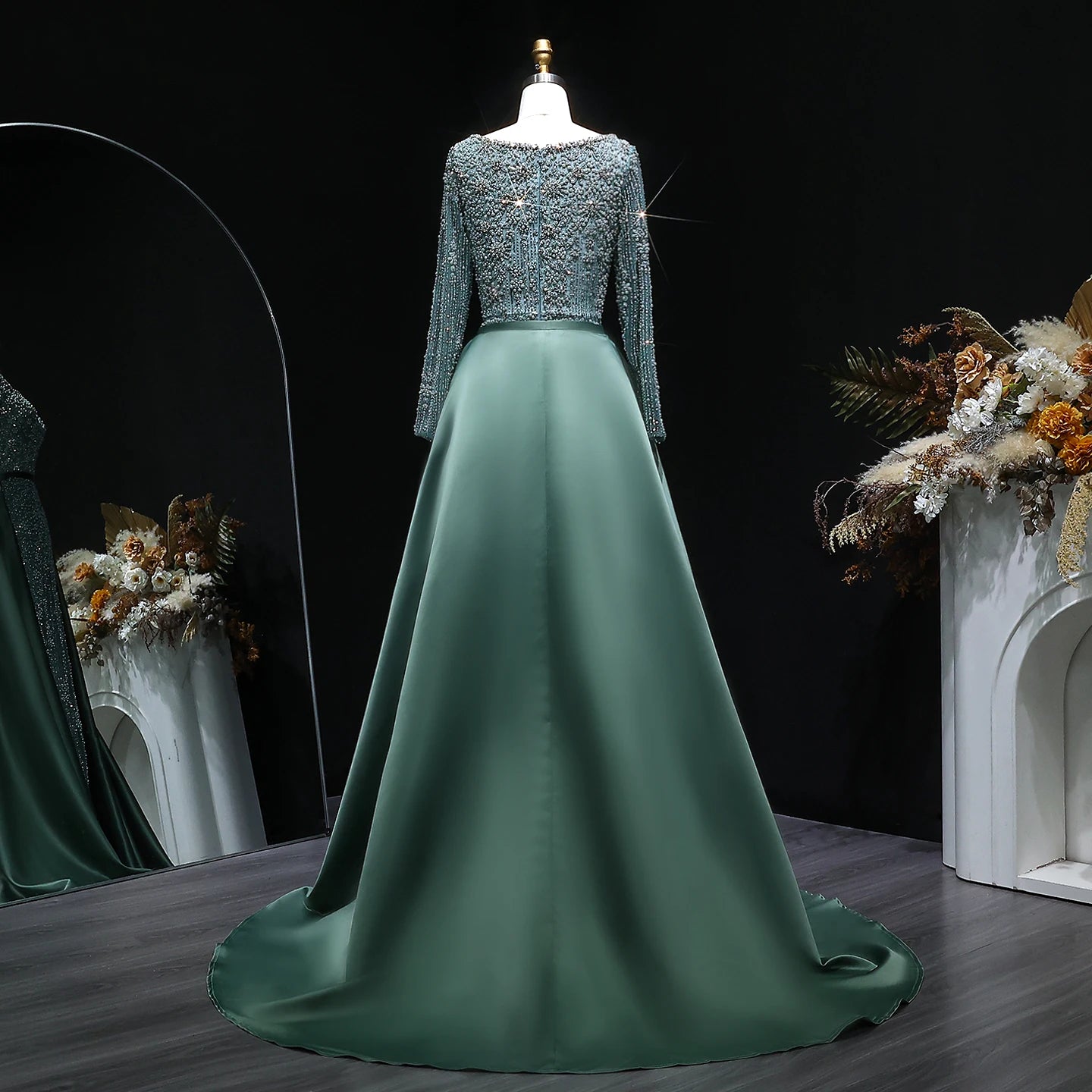 Champagne Beaded Long Sleeve Mermaid Evening Gown with Overskirt — Arabic — Riviera Couture GCC Luxury Evening Gown