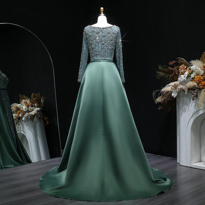 Champagne Beaded Long Sleeve Mermaid Evening Gown with Overskirt — Arabic — Riviera Couture GCC Luxury Evening Gown