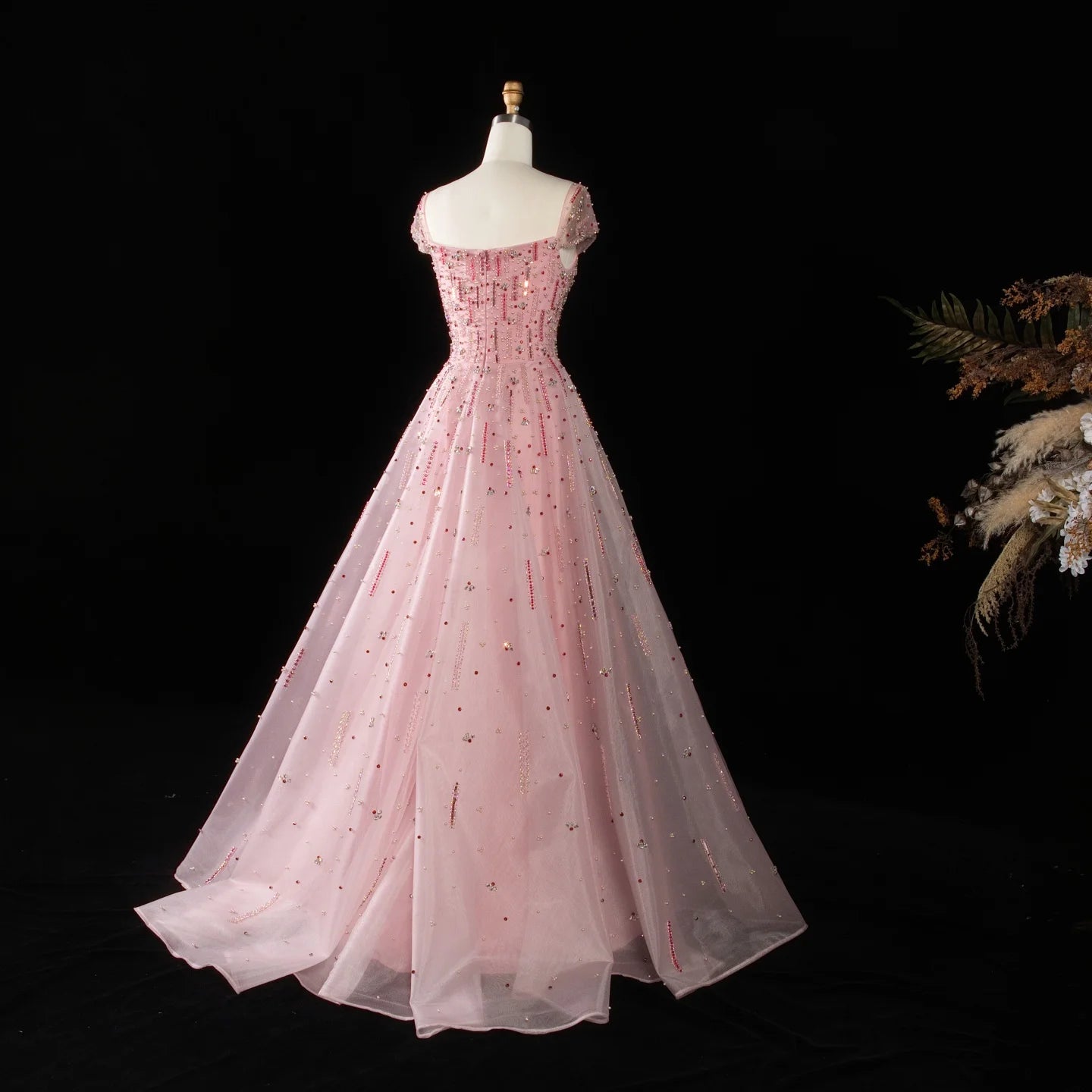 Pink Off-Shoulder A-Line Evening Gown — Luxury Beaded Arabic GCC — Riviera Couture GCC Luxury Evening Gown
