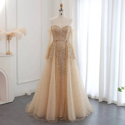 Champagne Gold Mermaid Evening Dress with Detachable Overskirt Off Shoulder RC29 - Riviera Couture