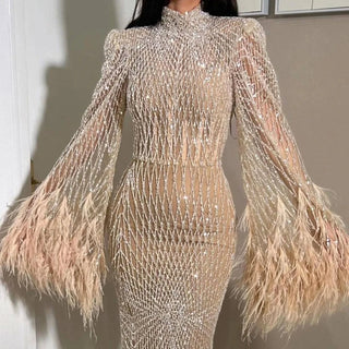 Feathers Nude Evening Dresses Long Sleeves With Elegant High Neck - Riviera Couture