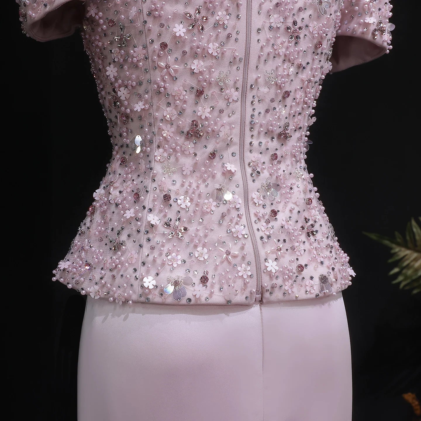 Pink Pink Beaded Two-Piece Evening Gown — Short Sleeve Arabic Luxury — Riviera Couture GCC Luxury Evening Gown