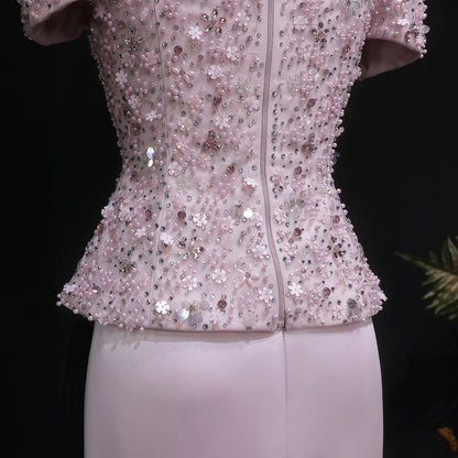 Pink Pink Beaded Two-Piece Evening Gown — Short Sleeve Arabic Luxury — Riviera Couture GCC Luxury Evening Gown