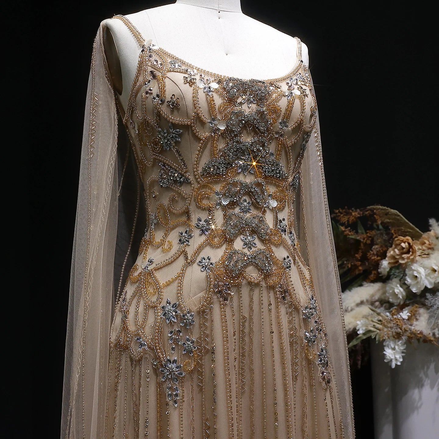 Champagne Crystal Beaded Evening Gown with Cape — Luxury GCC Wedding Formal — Riviera Couture GCC Luxury Evening Gown
