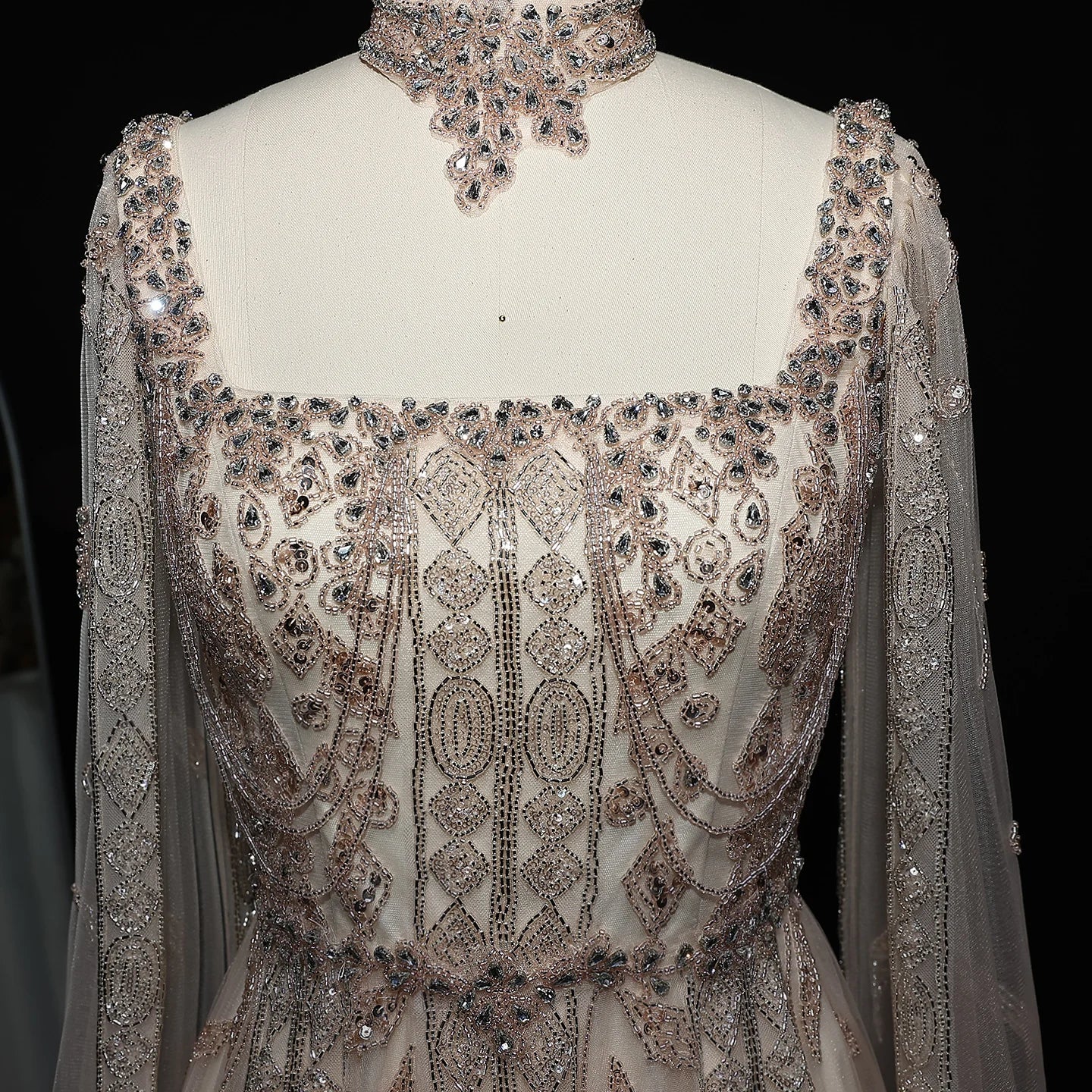Pink Nude Arabic Evening Gown with Cape Sleeves and Wine Red Choker — Riviera Couture GCC Luxury Evening Gown