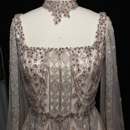 Pink Nude Arabic Evening Gown with Cape Sleeves and Wine Red Choker — Riviera Couture GCC Luxury Evening Gown