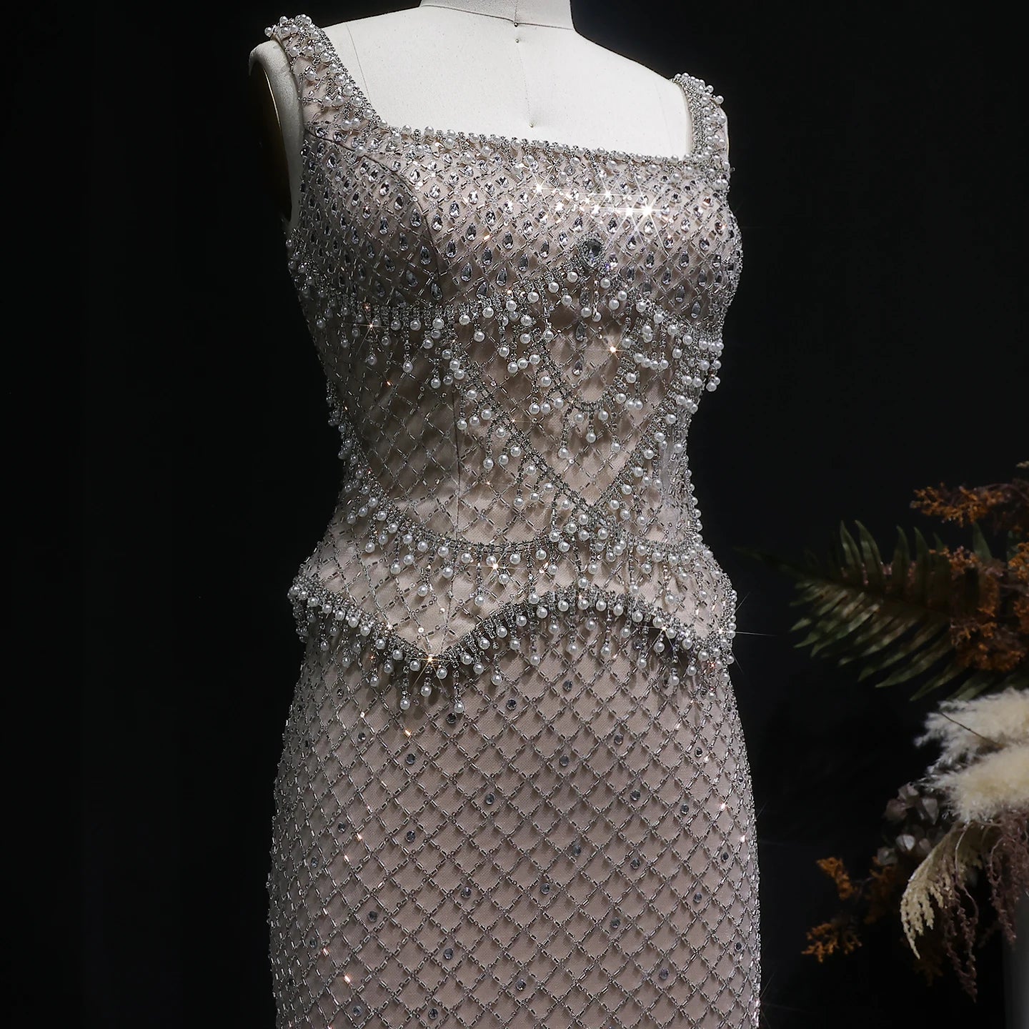 Gray Gray Straight Evening Gown with Straps — Dubai Arabic Luxury Formal — Riviera Couture GCC Luxury Evening Gown