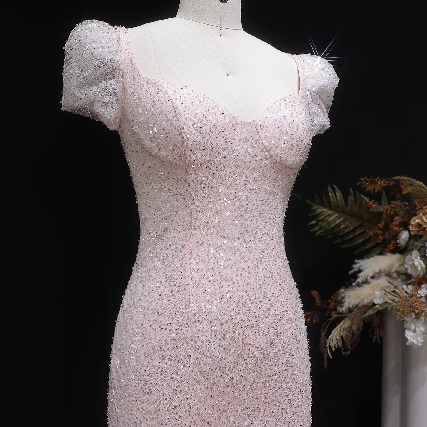 Pink Floral Sequined Mermaid Evening Gown — GCC Wedding Formal — Riviera Couture GCC Luxury Evening Gown