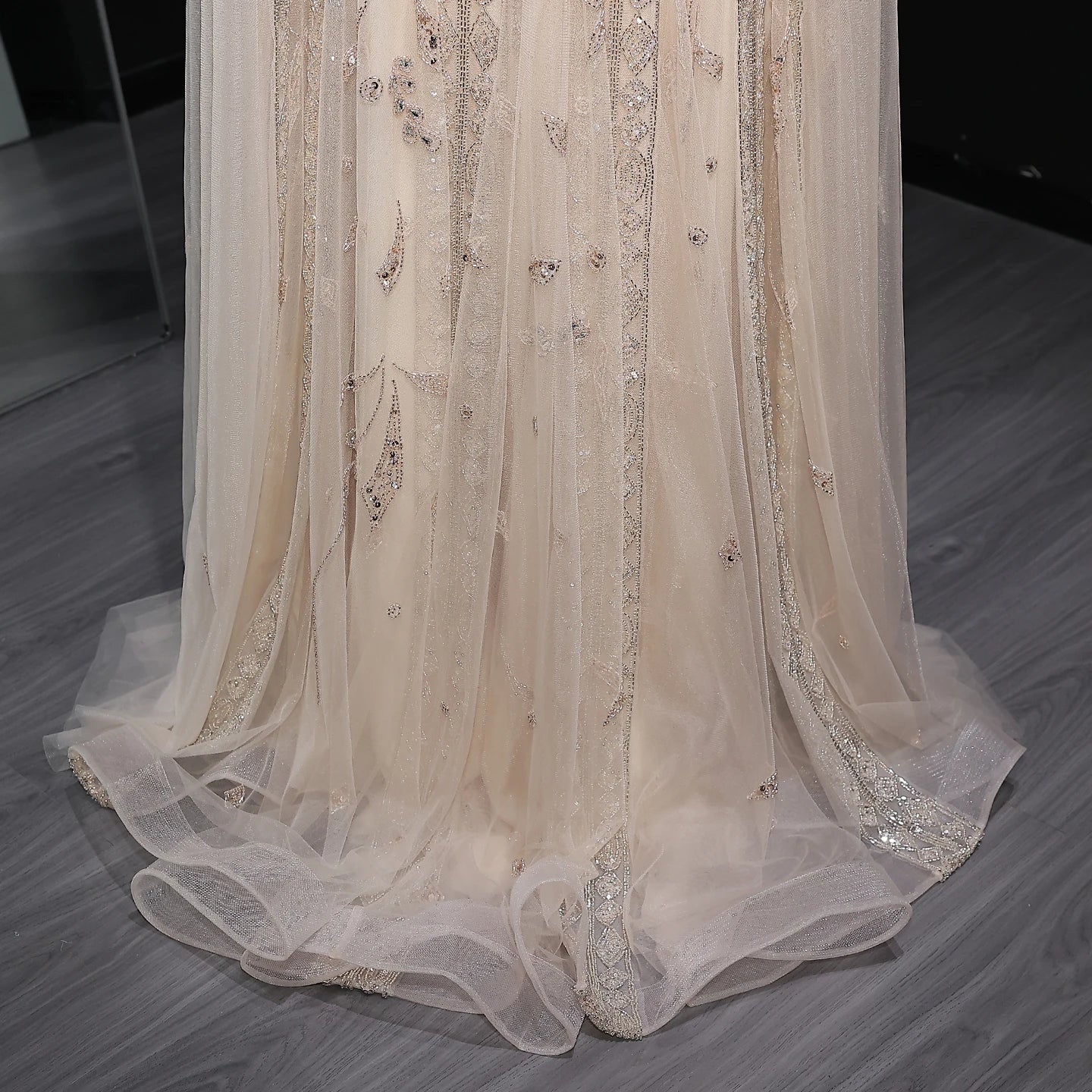 Beige Nude Arabic Evening Gown with Cape Sleeves and Wine Red Choker — Riviera Couture GCC Luxury Evening Gown