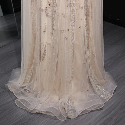 Beige Nude Arabic Evening Gown with Cape Sleeves and Wine Red Choker — Riviera Couture GCC Luxury Evening Gown