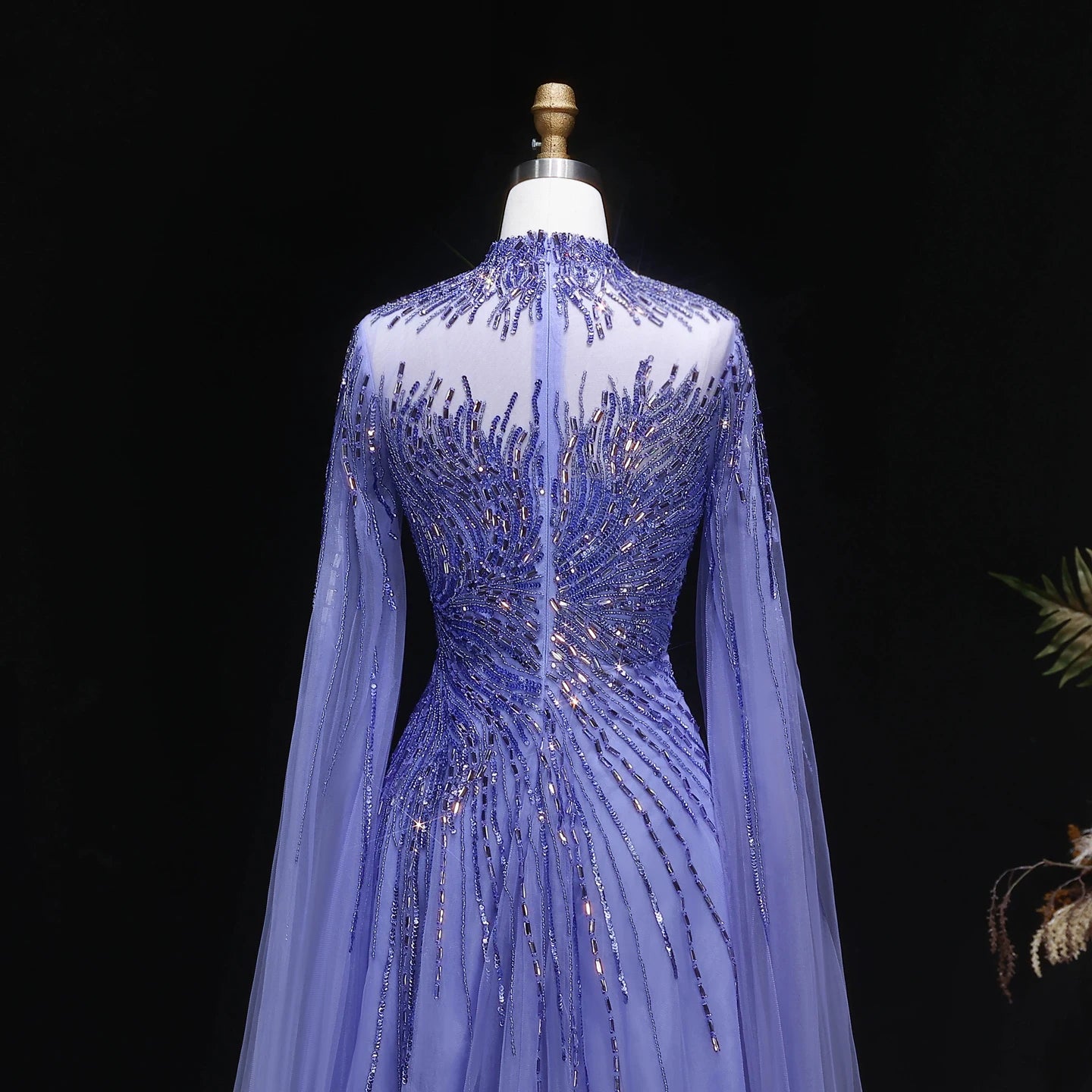 Blue Caramel Beaded High Neck Cape Sleeve Evening Gown — Sequin Tulle — Riviera Couture GCC Luxury Evening Gown
