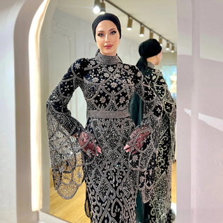 Beaded Luxury Muslim Evening Dress with Flare Long Sleeves High Neck - Riviera Couture