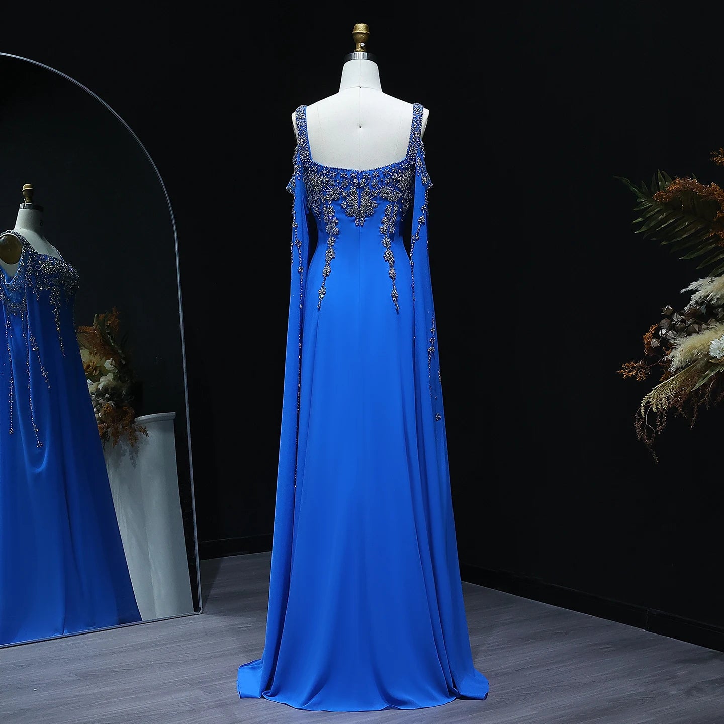 Blue Blue Crystal Evening Gown with Flowing Cape Sleeve — Arabic Luxury — Riviera Couture GCC Luxury Evening Gown
