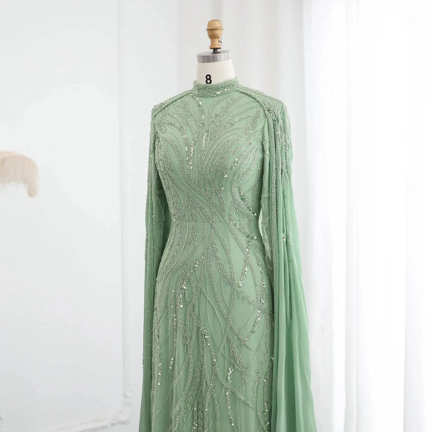 Beaded Sage Green Muslim High Neck Evening Dress with Cape Long Sleeves - Riviera Couture