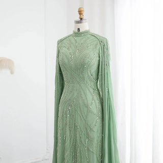 Beaded Sage Green Muslim High Neck Evening Dress with Cape Long Sleeves - Riviera Couture