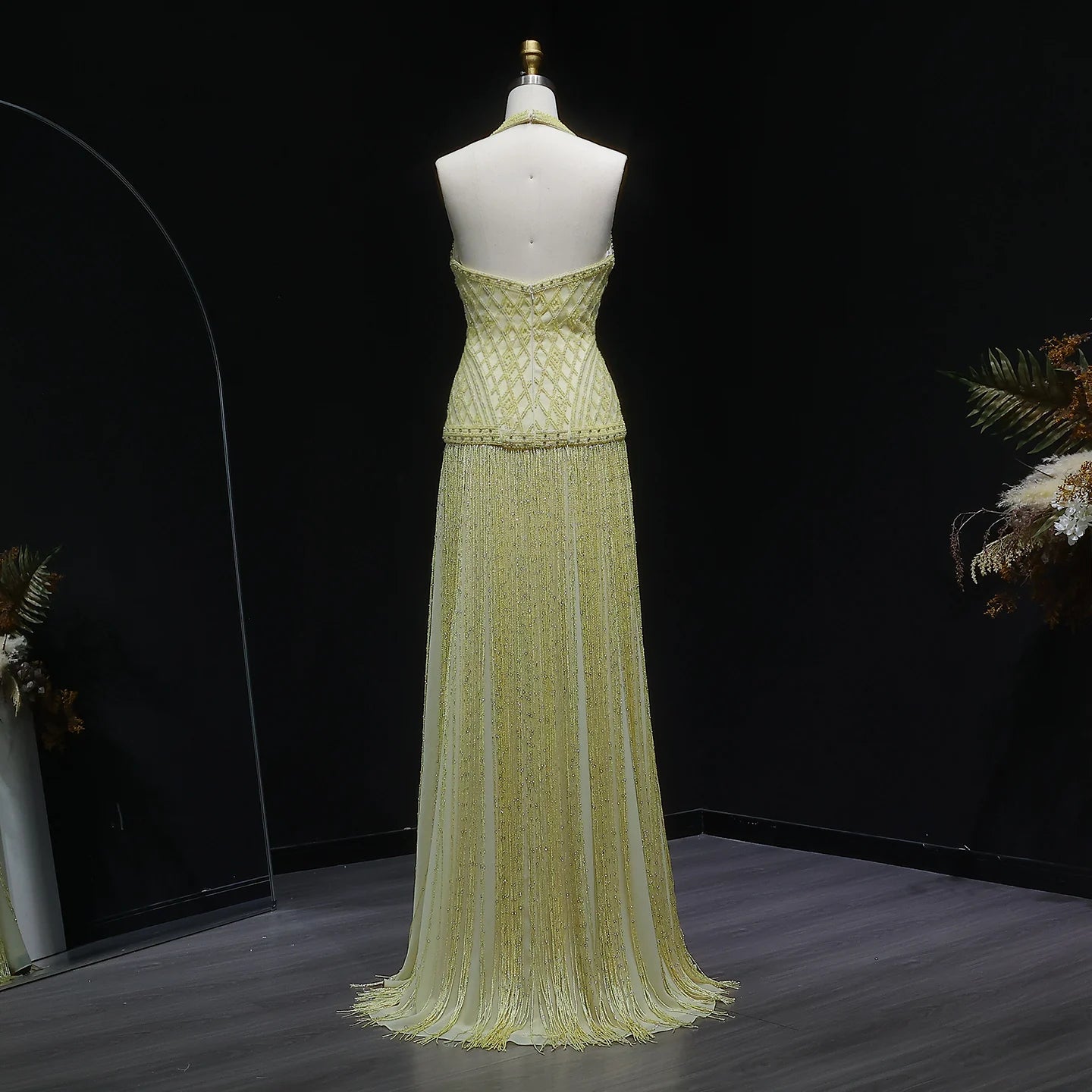Yellow Yellow Mermaid Evening Gown — Beaded Tassel Halter V-Neck GCC — Riviera Couture GCC Luxury Evening Gown
