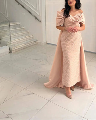 Elegant Off Shoulder Peach Arabic Evening Dress with Cape Ankle Length - Riviera Couture