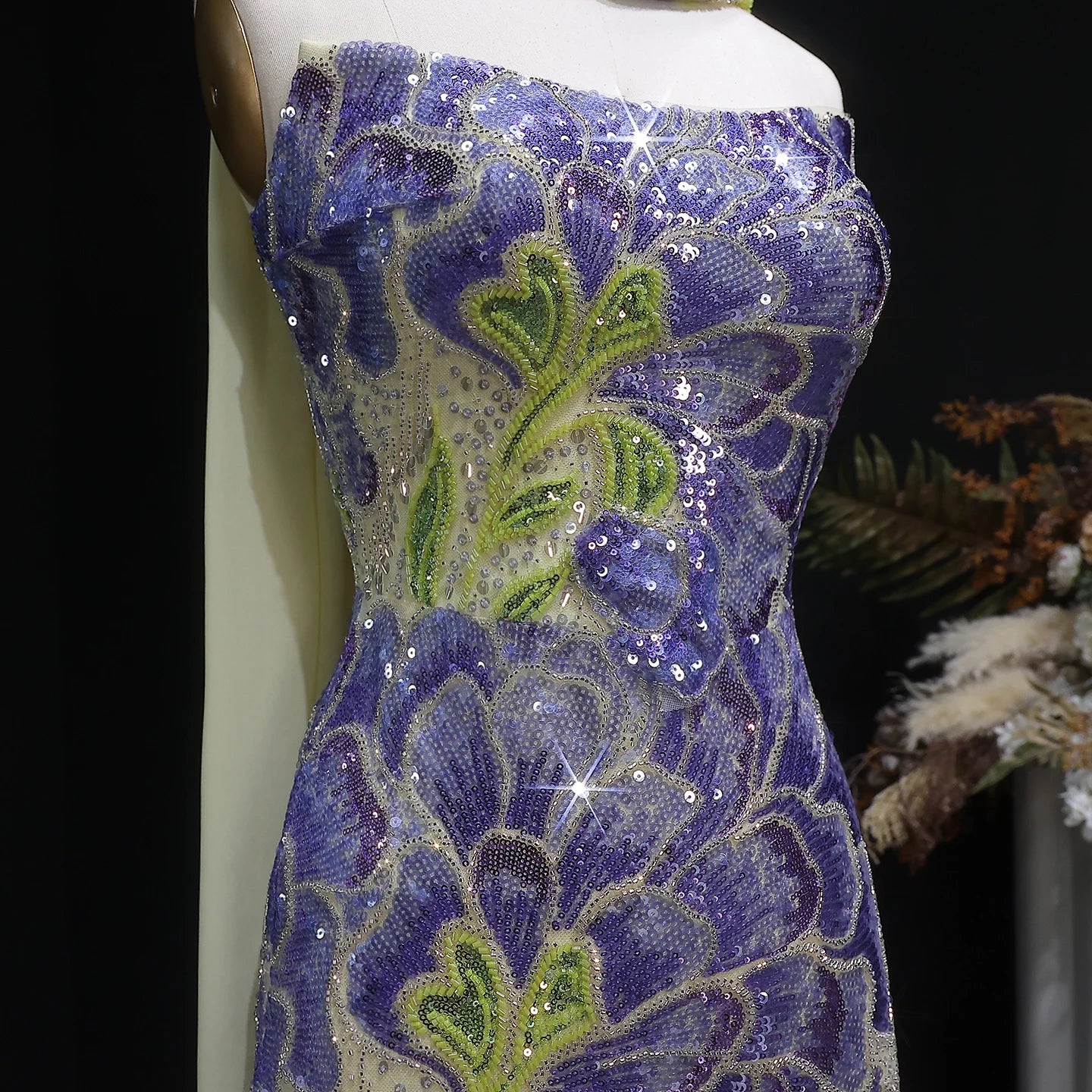 Purple Green Beaded Sequined Mermaid Evening Gown with Scarf — GCC Luxury — Riviera Couture GCC Luxury Evening Gown