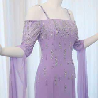 Lilac Mermaid Evening Dress with Cape Sleeves - Riviera Couture