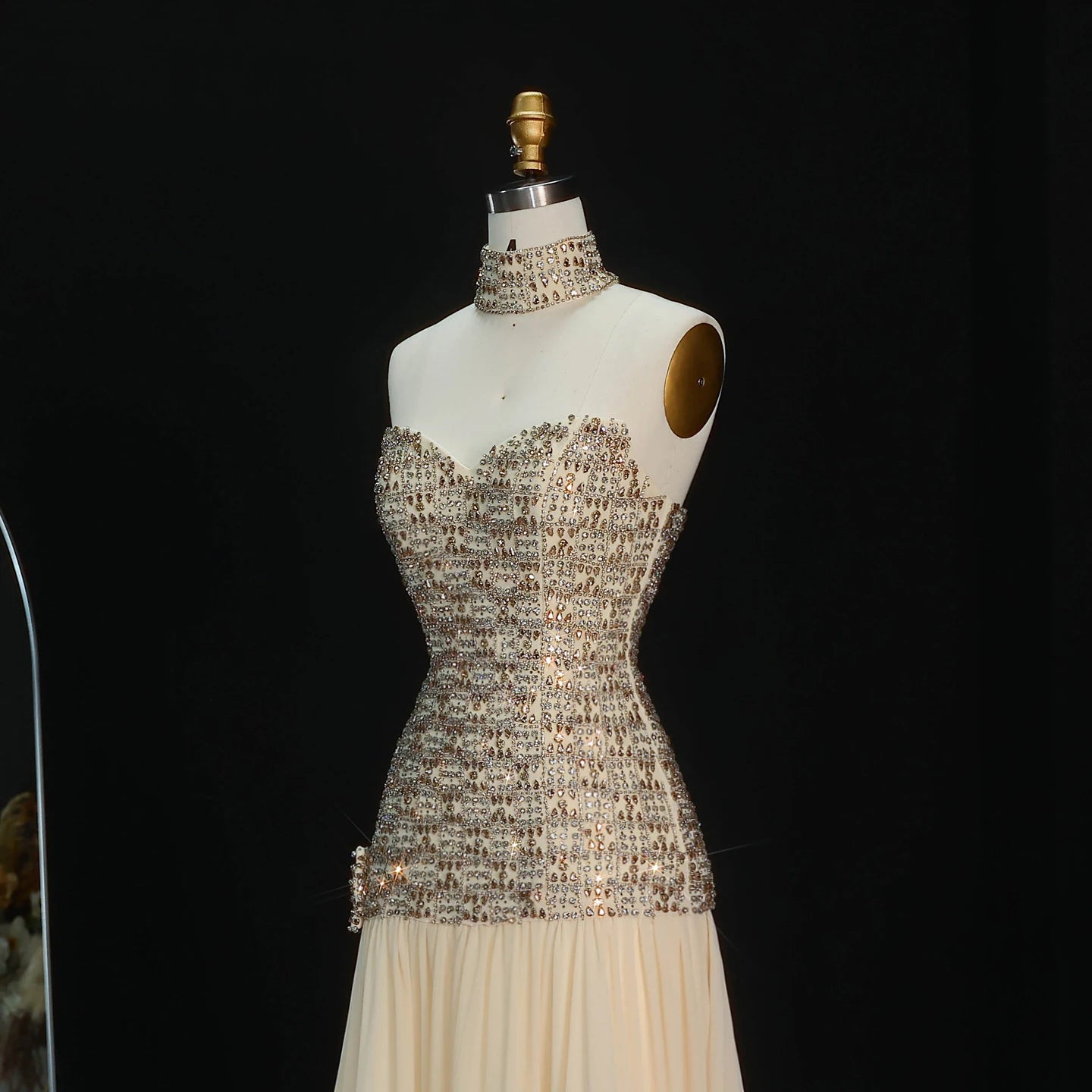 Gold Dubai A-Line Evening Gown — Beaded Crystal Bow Arabic Formal 2026 — Riviera Couture GCC Luxury Evening Gown