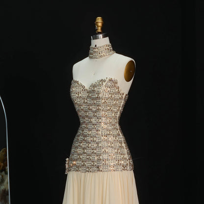 Gold Dubai A-Line Evening Gown — Beaded Crystal Bow Arabic Formal 2026 — Riviera Couture GCC Luxury Evening Gown