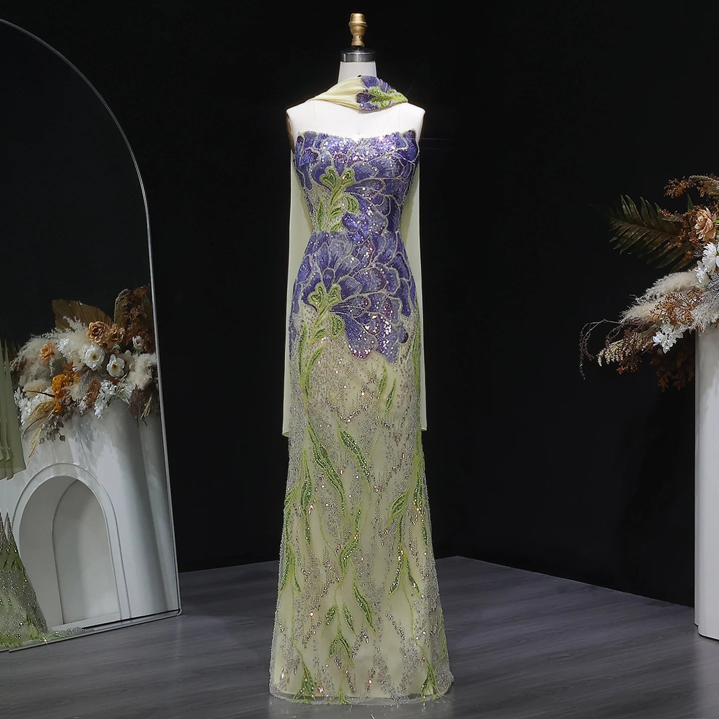 Beaded Sequined Mermaid Evening Gown with Scarf — GCC Luxury — Riviera Couture GCC Luxury Evening Gown