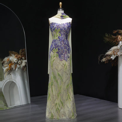 Beaded Sequined Mermaid Evening Gown with Scarf — GCC Luxury — Riviera Couture GCC Luxury Evening Gown