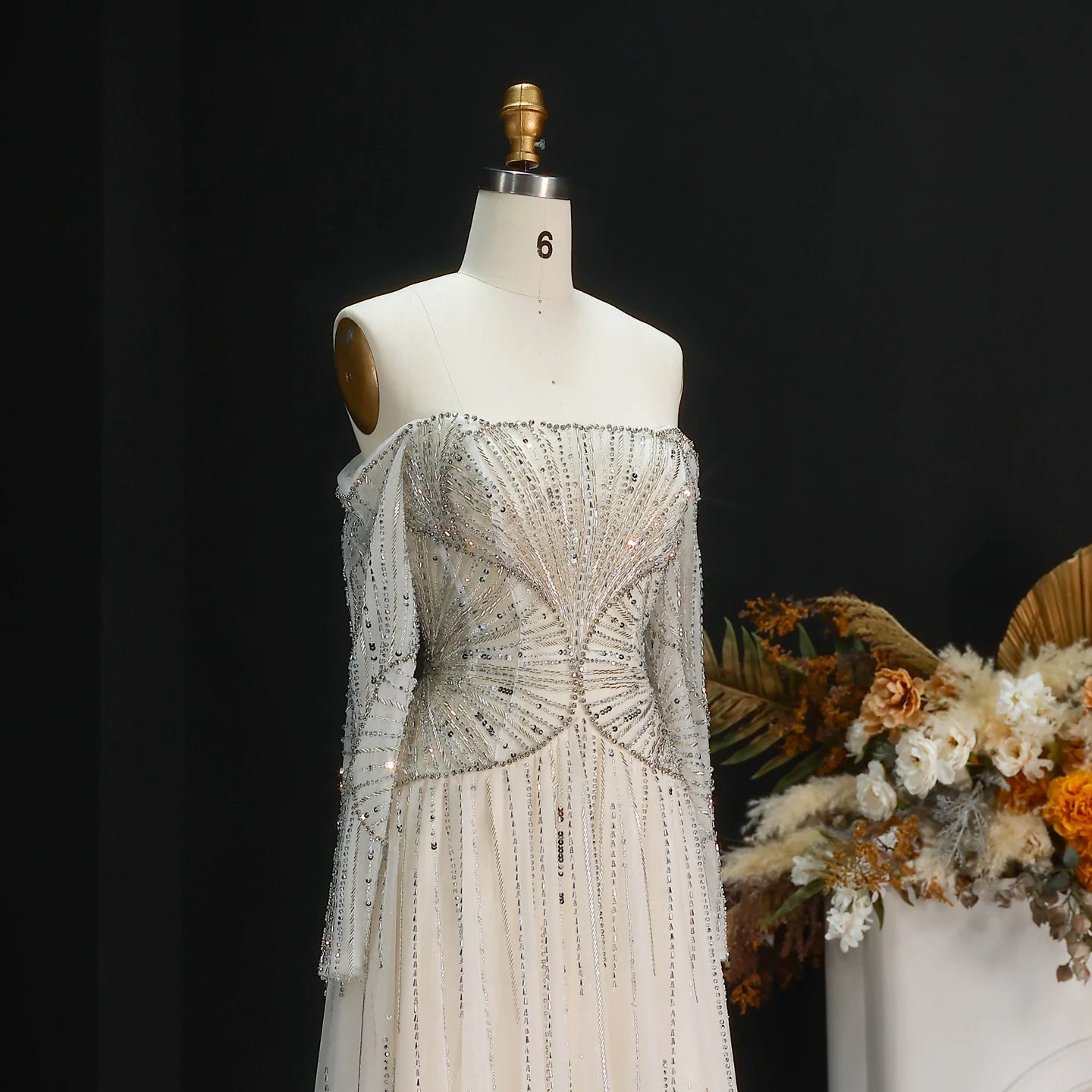 Beige Off Shoulder Long Sleeves Beaded Gown luxury evening dress by Riviera Couture