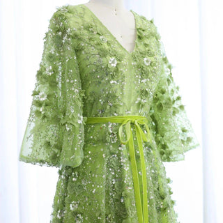 Plunging V-neck Green 3D Embroidered Flowers Evening Dress - Riviera Couture