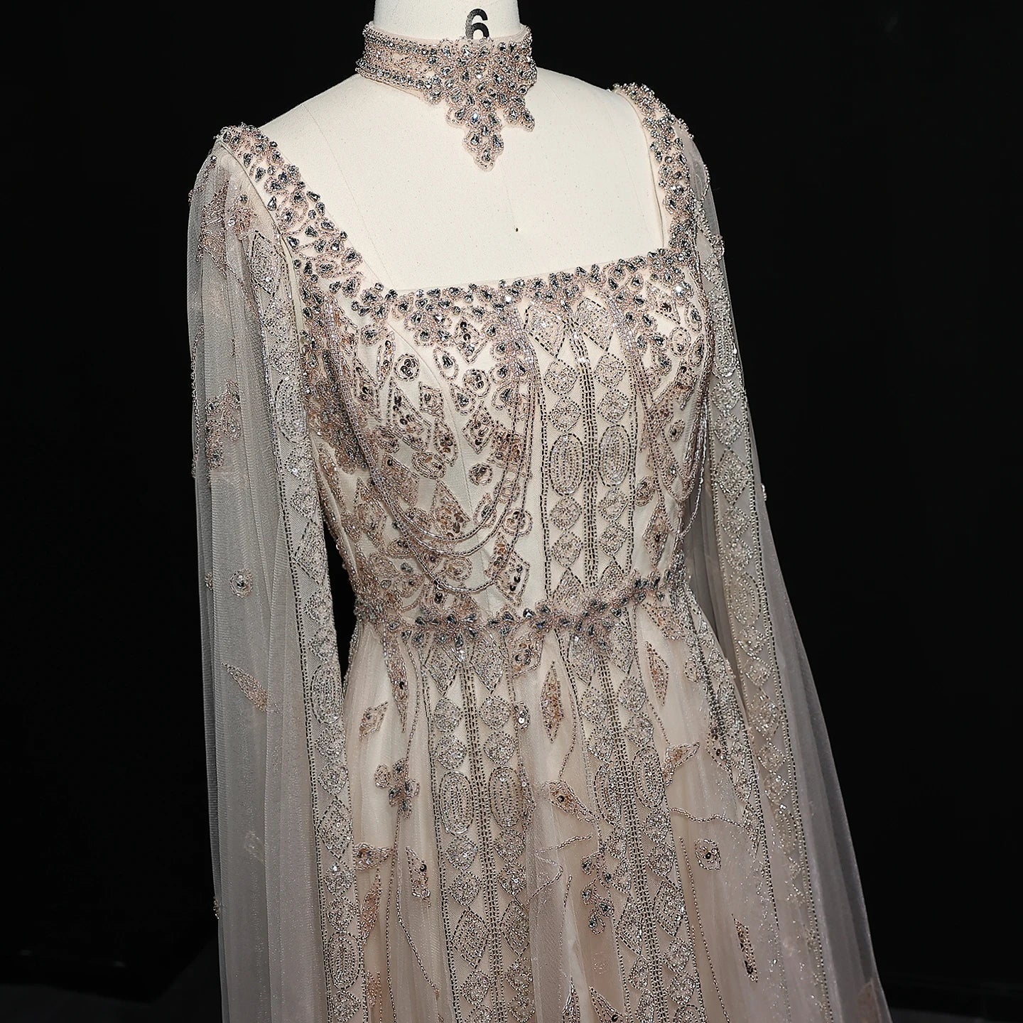 Pink Nude Arabic Evening Gown with Cape Sleeves and Wine Red Choker — Riviera Couture GCC Luxury Evening Gown