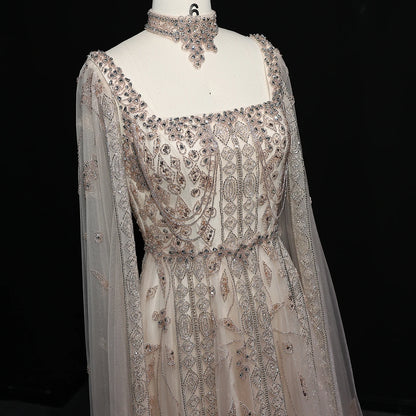 Pink Nude Arabic Evening Gown with Cape Sleeves and Wine Red Choker — Riviera Couture GCC Luxury Evening Gown