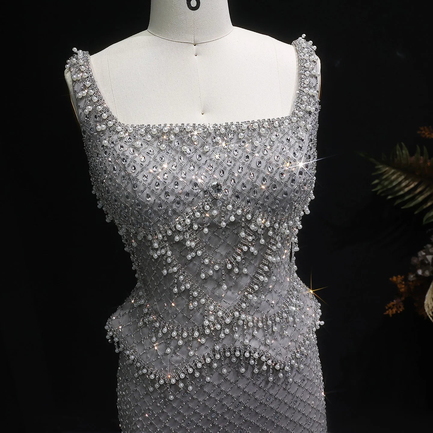 Champagne Gray Straight Evening Gown with Straps — Dubai Arabic Luxury Formal — Riviera Couture GCC Luxury Evening Gown