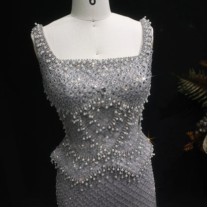 Champagne Gray Straight Evening Gown with Straps — Dubai Arabic Luxury Formal — Riviera Couture GCC Luxury Evening Gown