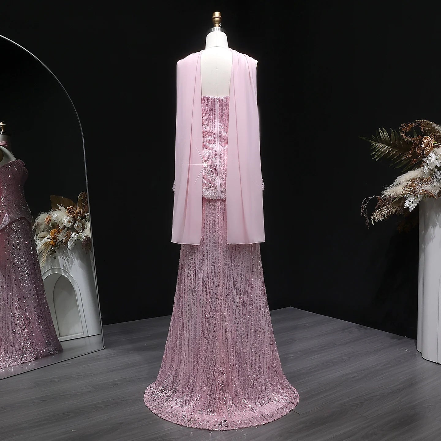 Pink Strapless Sequined Two-Piece Evening Gown with Scarf — GCC Luxury — Riviera Couture GCC Luxury Evening Gown