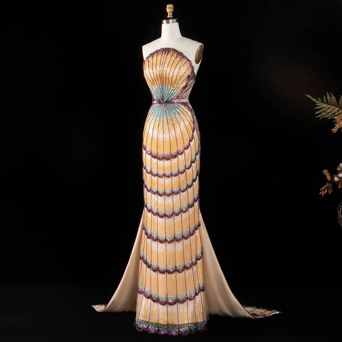 Shell-Embellished Purple Beaded Evening Gown — Luxury GCC Formal — Riviera Couture GCC Luxury Evening Gown