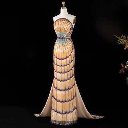 Shell-Embellished Purple Beaded Evening Gown — Luxury GCC Formal — Riviera Couture GCC Luxury Evening Gown