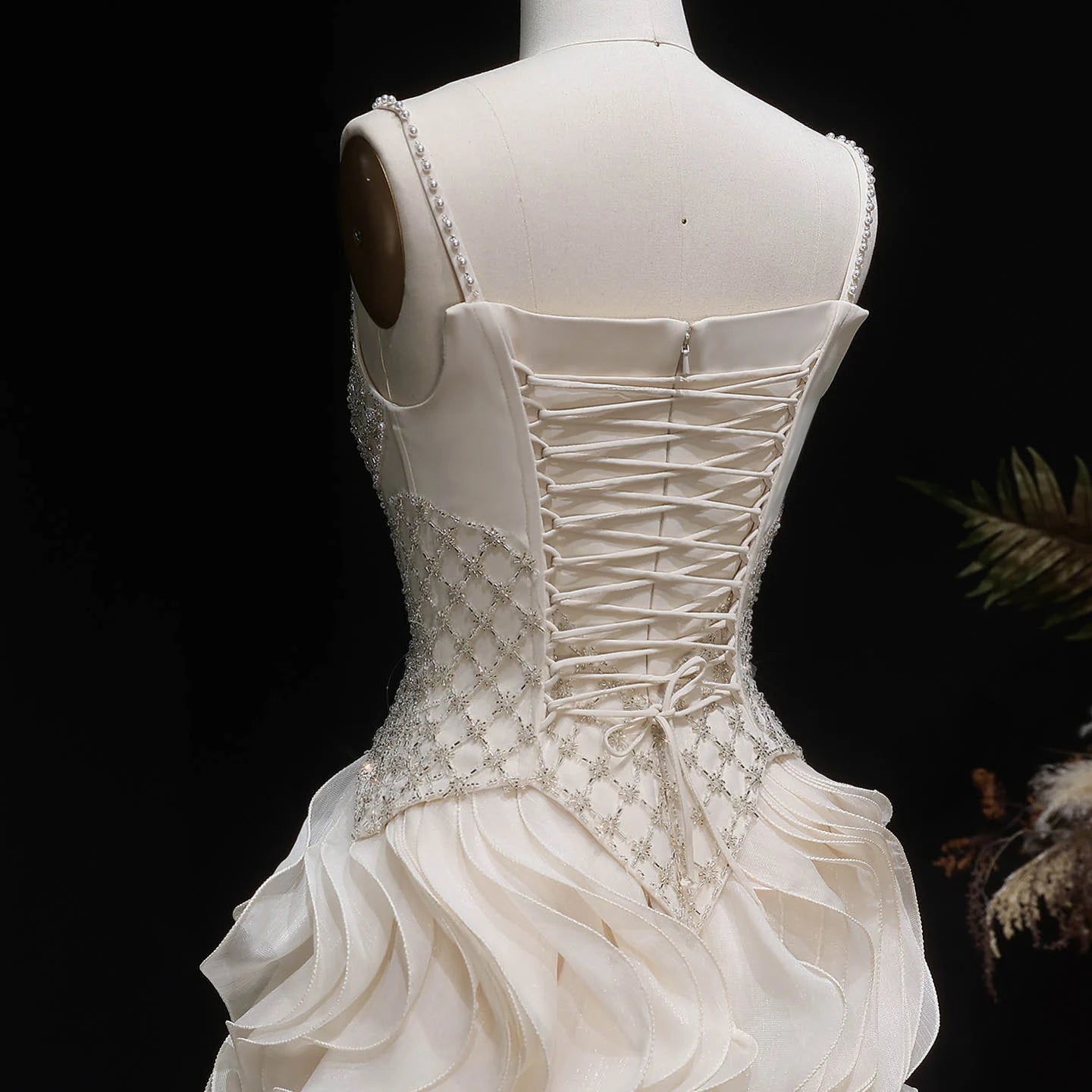 Beige Tiered Ruffle Evening Gown — Beaded Pearl GCC Luxury Formal — Riviera Couture GCC Luxury Evening Gown