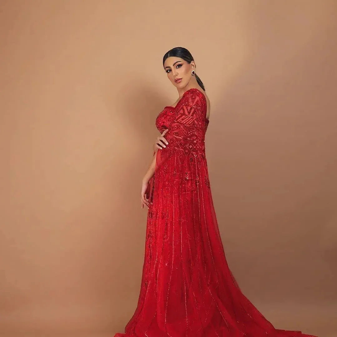 Red Wine Red Burgundy Evening Gown with Cape Sleeve — Arabic Luxury 2026 — Riviera Couture GCC Luxury Evening Gown