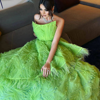 Feather 3D Floral Lime Green Evening Dress - Riviera Couture