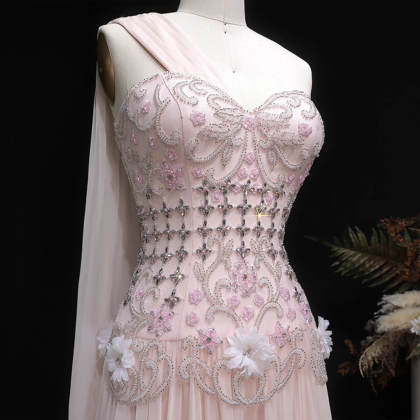Blush Pink One-Shoulder A-Line Evening Gown with Cape — 3D Flowers Crystal — Riviera Couture GCC Luxury Evening Gown