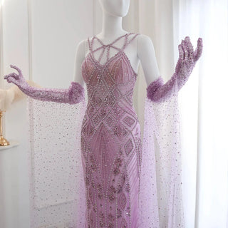 Lilac Evening Dress with Gloves - Riviera Couture