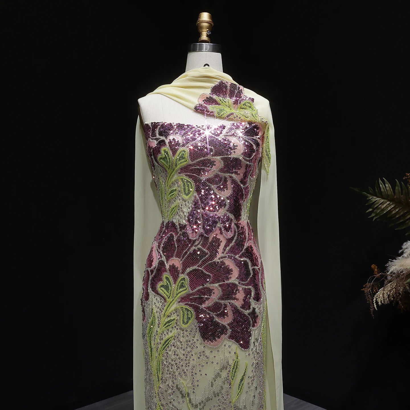 Beaded Sequined Mermaid Evening Gown with Scarf — GCC Luxury — Riviera Couture GCC Luxury Evening Gown