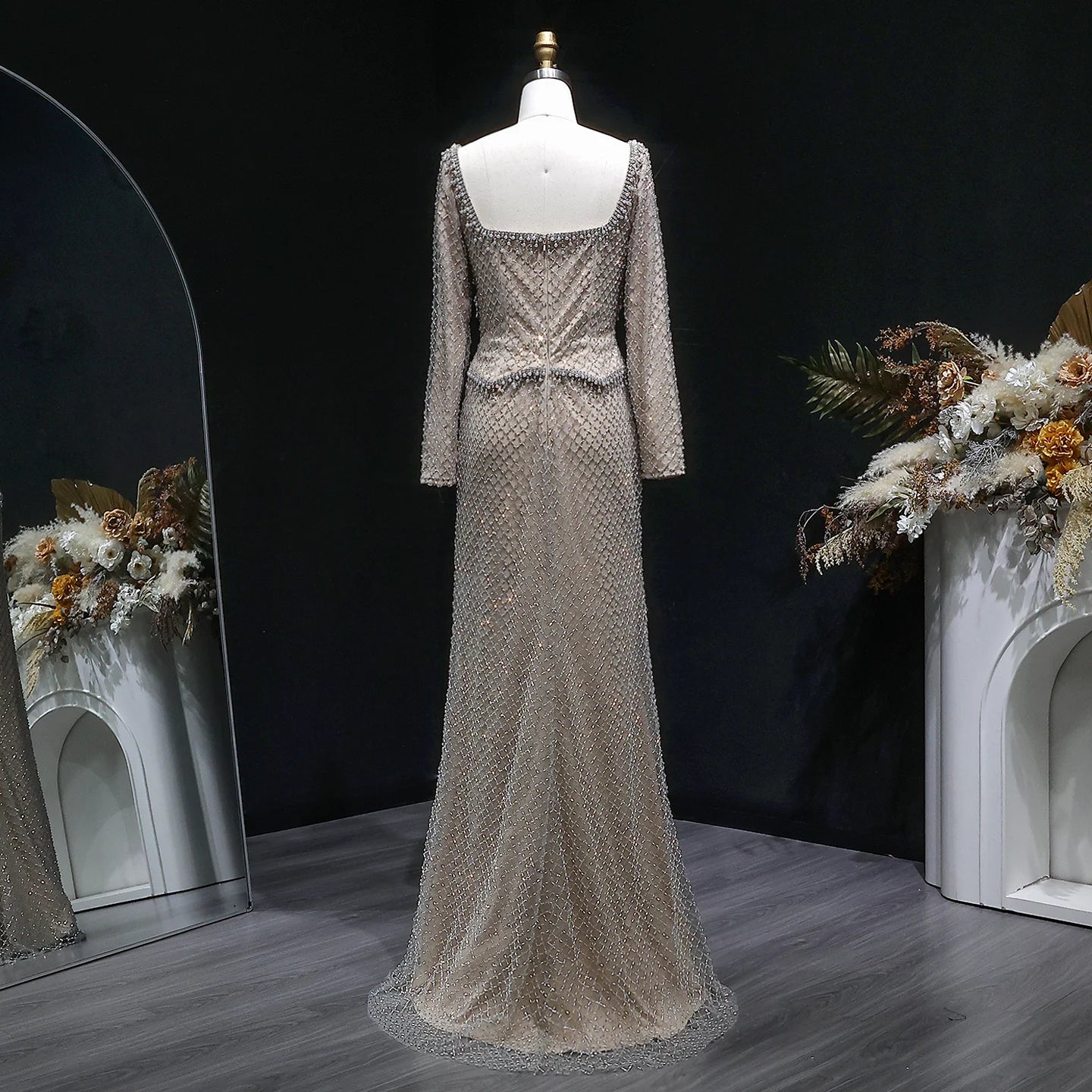 Gray Champagne Crystal Long Sleeve Evening Gown — Dubai Arabic Luxury — Riviera Couture GCC Luxury Evening Gown
