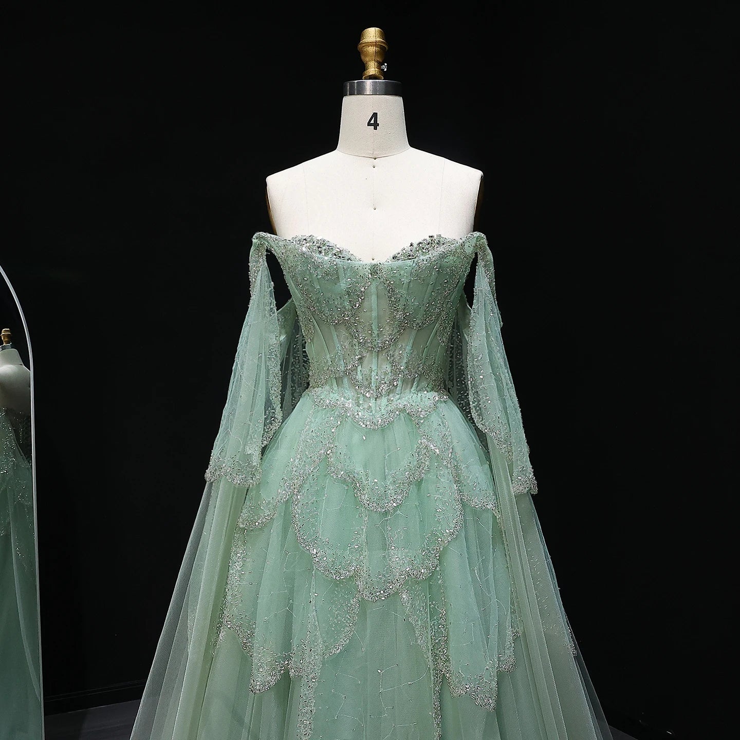 pink Sage Green Sweetheart Evening Gown with Cape Sleeves — GCC Formal — Riviera Couture GCC Luxury Evening Gown