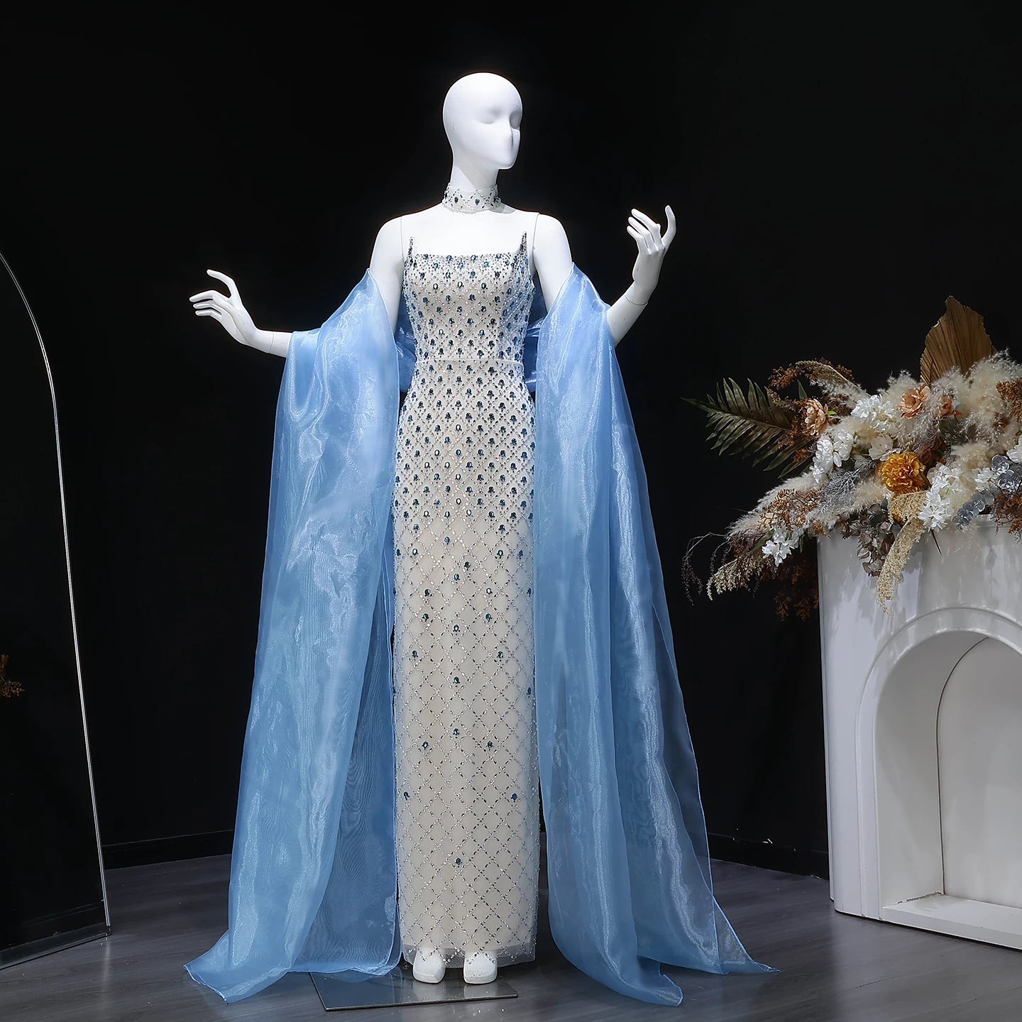 Blue Beaded Crystal Evening Gown with Cape — Luxury GCC Formal 2026 — Riviera Couture GCC Luxury Evening Gown