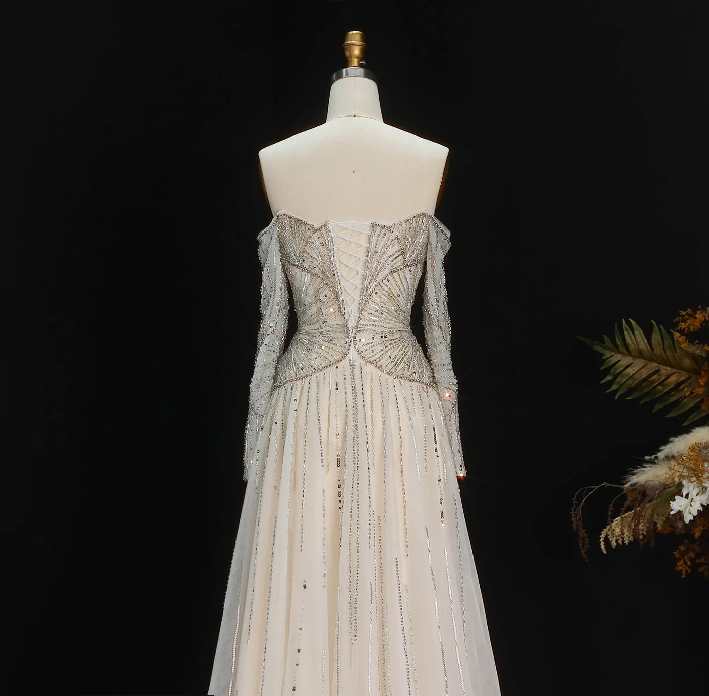 Beige Off Shoulder Long Sleeves Beaded Gown luxury evening dress by Riviera Couture