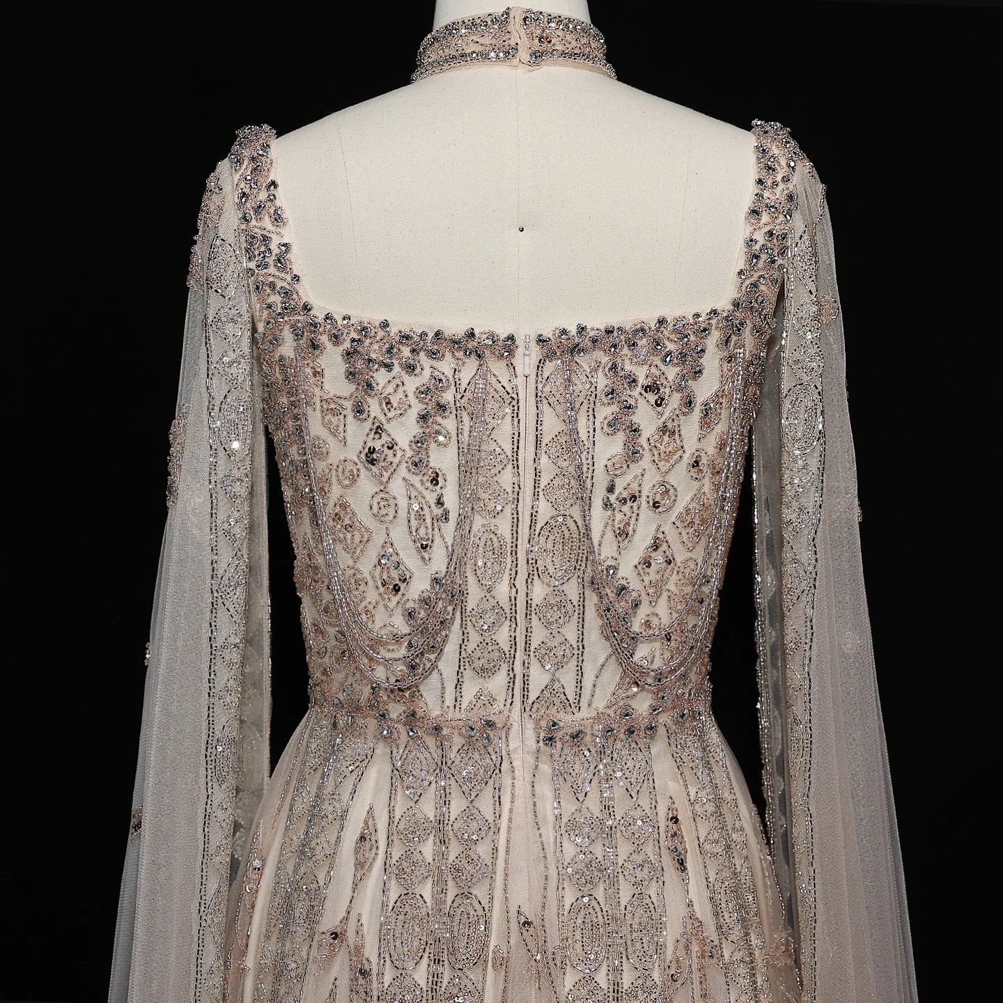 Pink Nude Arabic Evening Gown with Cape Sleeves and Wine Red Choker — Riviera Couture GCC Luxury Evening Gown
