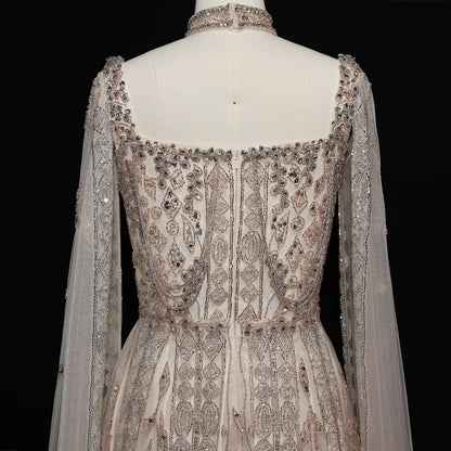 Pink Nude Arabic Evening Gown with Cape Sleeves and Wine Red Choker — Riviera Couture GCC Luxury Evening Gown